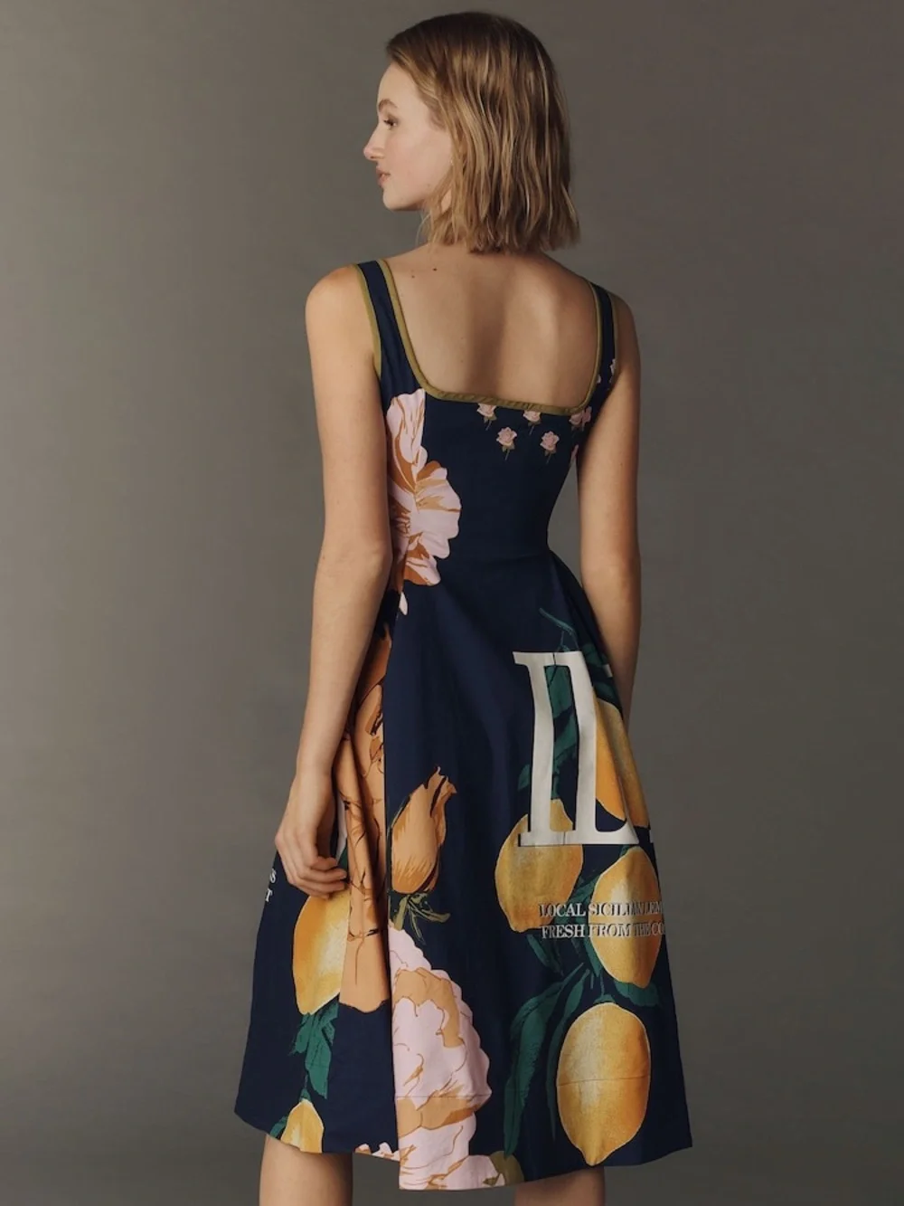 Maeve Navy Midi Dress with Lemon & Floral Print - Picture 3 of 5